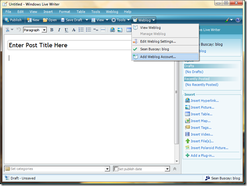 From the Weblog button or Weblog menu, choose "add Weblog account".